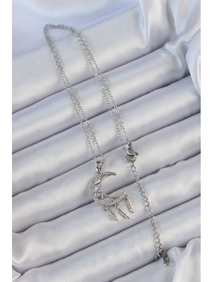 316L Çelik Zincir Gümüş Renk Işlemeli Zirkon Taşlı Ay Kolye - Lisinya