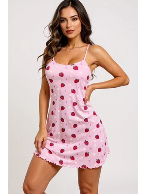 Pembe Çilek Desenli Askılı Kadın Gecelik