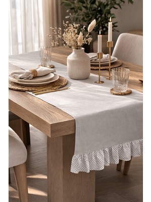 Faralya Life Ekose Fırfırlı Runner 45X140 cm Pamuklu Masa Runner Dekoratif Masa Örtüsü