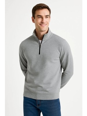 Lushiowear Erkek Dik Yaka Sweatshirt Dik Yaka Yarım Fermuarlı 3 Iplik Şardonlu Pamuk Kumaş - Gri