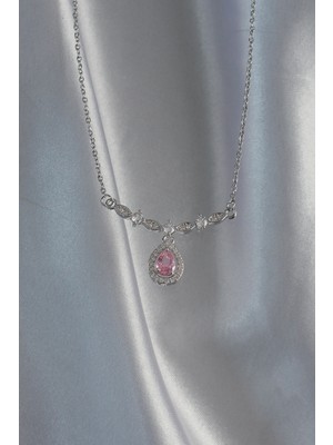 316L Çelik Gümüş Renk Pembe Zirkon Taşlı Damla Kolye - Lisinya