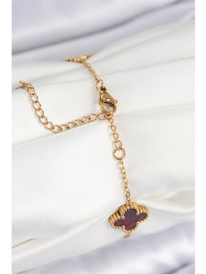 316L Çelik Sedefli Kırmızı Gold Renk Yonca Kadın Bileklik - Lisinya