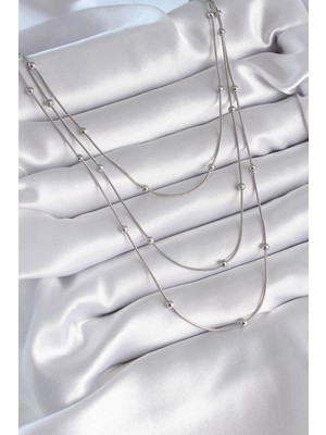 316L Çelik Gümüş Renk 3'lü Topçuk Detay Kadın Kolye - Lisinya