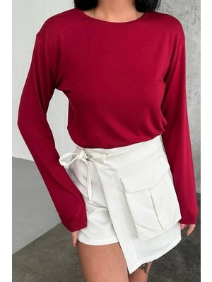 Rahat ve Şık Uzun Kollu Bisiklet Yaka Likralı Viskon Penye Body Bordo ( Lisinya )