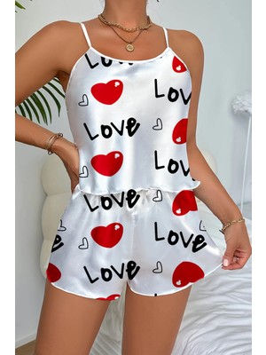 Love Desenli Beyaz Saten Şortlu Gecelik Takım