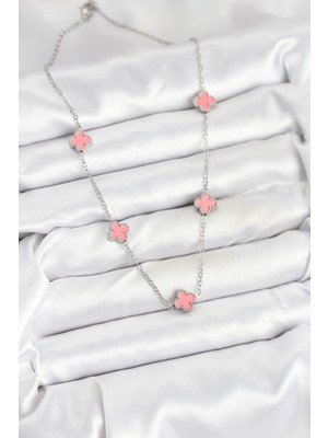 316L Çelik Zincir Gümüş Renk Pembe Baby Boy Yonca Kadın Kolye - Lisinya