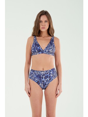 Louren Kadın Kahve-Mavi Leopar Desenli Yüksek Belli Ince Kaplı Toparlayıcı Bikini Takımı