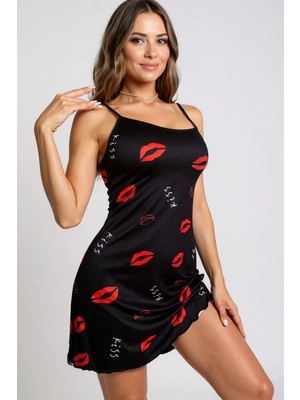 Dudak Desenli Siyah Askılı Gecelik