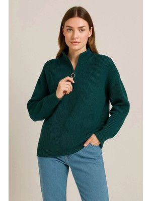 Lushiowear Kadın Yarım Fermuarlı Triko Kazak Selanik Örgü Dik Yaka Pamuklu Dokuma Oversize - Haki