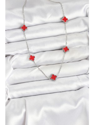 316L Çelik Zincir Gümüş Renk Kırmızı Baby Boy Yonca Kadın Kolye - Lisinya