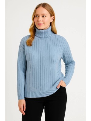 Lushiowear Kadın Balıkcı Yaka Bağazlı Triko Kazak Pamuklu Kalın Fitilli Dokuma - Bebek Mavisi