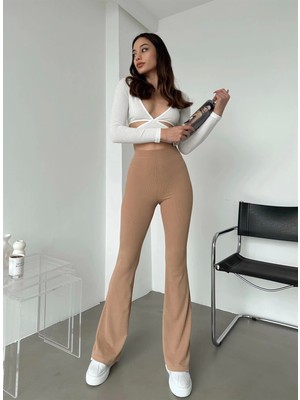 Şık ve Rahat Yüksek Bel Ispanyol Paça Fitilli Toparlayıcı Bej Tayt ( Lisinya )