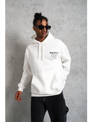 Erkek 98 Baskılı Kapşonlu Üç Iplik Pamuklu Sweatshirt Hoodie - Beyaz