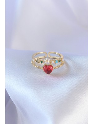 Gold Renk Kırmızı Zirkon Taş Kalp Model Pirinç Kadın Yüzük - Lisinya