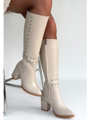 Tiyan Bej Cilt Topuklu Çizme - Lisinya