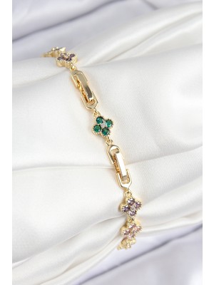 Vıp Pirinç Renkli Zirkon Taşlı Yonca Model Gold Renk Kadın Bileklik - Lisinya