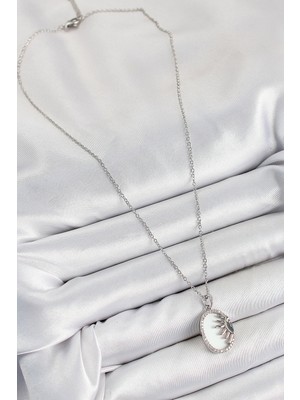 316L Çelik Zirkon Taşlı Yarım Güneş Model Gümüş Renk Kadın Kolye - Lisinya