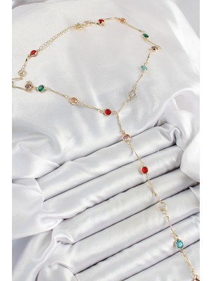 Pirinç Asorti Model Gold Renk Zirkon Taşlı Y Kolye - Lisinya