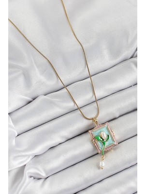 316L Çelik Zincir Turkuaz Sanatsal Portre Sallantılı Inci Detaylı Lale Model Gold Renk Kadın Kolye - Lisinya