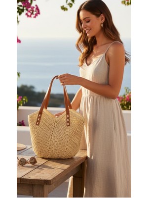 love Doğal Hasır Krem Rengi Kadın Omuz Çantası, Iç Astarlı, Ağzı Fermuarlı