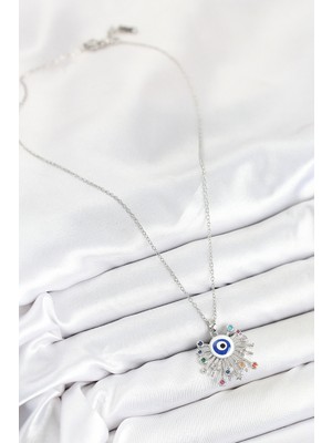 316L Çelik Zirkon Taşlı Nazar Model Gümüş Renk Kadın Kolye - Lisinya