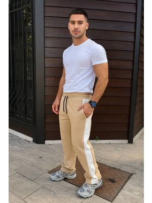 Lushiowear Erkek Üç Iplik Kışlık Pamuklu Yandan Garneli Kalın Şeritli Cepli Eşofman Altı Pantolon- Bej