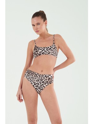 Louren Kadın Siyah Leopar Desenli Ince Kaplı Sabit Askılı Straplez Bikini Takımı