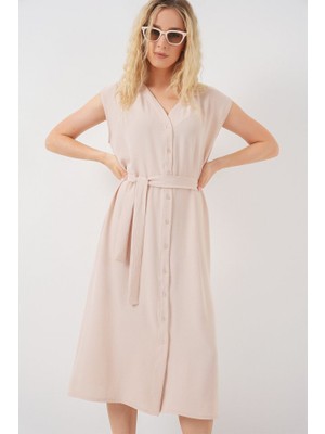 Sıfır Kol Kuşaklı Ayrobin Elbise 2568 - Krem