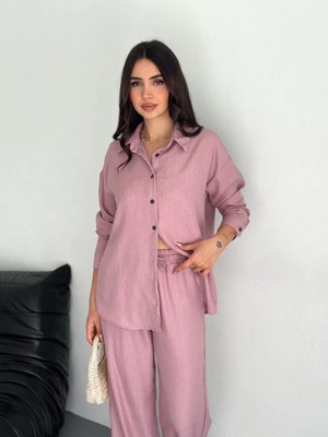 Lushiowear Kadın Gömlek Pantolon Ikili Alt-Üst Takım - Toz Pembe
