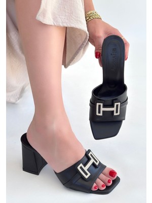 Erew Siyah Cilt Topuklu Terlik - Lisinya