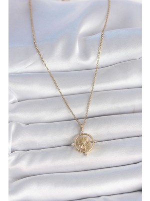 316L Çelik Gold Renk Zincir Zirkon Taşlı Pusula Model Kadın Kolye - Lisinya