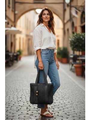 love Kadın Siyah Hasır Örgü Tote Çanta-Ağzı Fermuarlı, Iç Astarlı