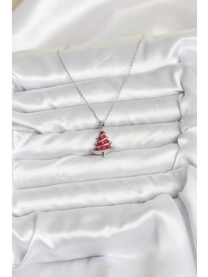316L Çelik Zincir Gümüş Renk Kırmızı Çam Ağacı Model Yılbaşı Temalı Kadın Kolye - Lisinya