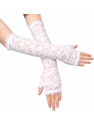 Pileli Store Uzun Zarif Dantel Eldiven Parmaksız Beyaz 35 cm