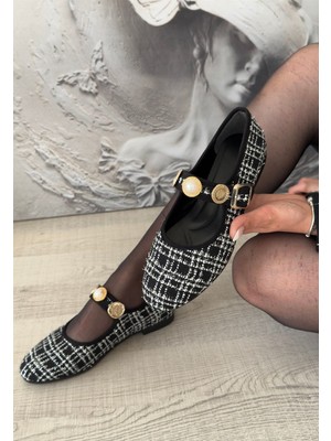 Hante Siyah Beyaz Keten Taşlı Babet Ayakkabı - Lisinya