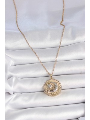 316L Çelik Gold Renk Mix Renk Ay Güneş Model Kadın Kolye - Lisinya