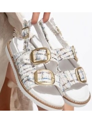 Olira Beyaz Simli Kemerli Sandalet - Lisinya