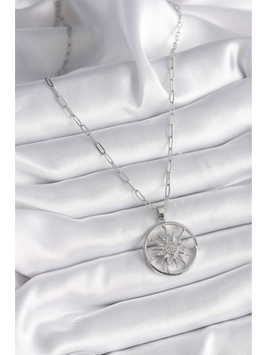 316L Çelik Gümüş Renk Zirkon Taşlı Güneş Madalyon Model Kadın Kolye - Lisinya