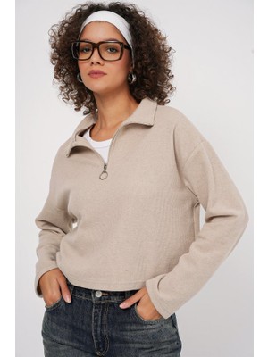 55449 Fermuarlı Yaka Örme Sweatshirt - Krem