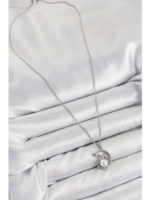 316L Çelik Inci Detaylı Hilal Tavşan Model Gümüş Renk Kadın Kolye - Lisinya