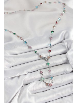 Pirinç Renkli Zirkon Taşlı Üçgen Model Gümüş Renk Kadın Y Kolye - Lisinya