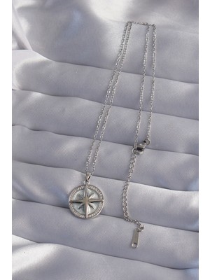 316L Çelik Zincir Gümüş Renk Zirkon Taşlı Kutup Yıldızı Kolye - Lisinya