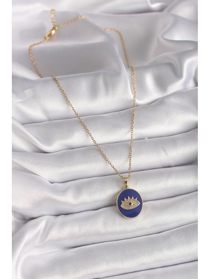 316L Çelik Gold Renk Zincir Mavi Mineli Zirkon Taşlı Göz Işleme Kadın Kolye - Lisinya