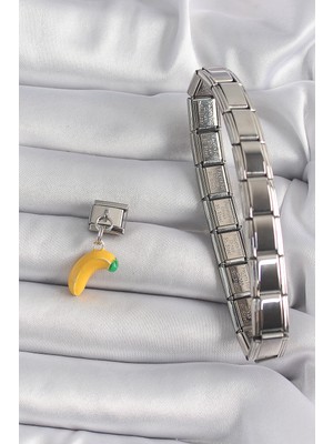 316L Çelik Gümüş Renk Sallantı Muz Model Nomination Charm - Lisinya