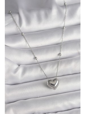 316L Çelik Gümüş Renk Topçuk Detay Zincir Kalp Model Kadın Kolye - Lisinya