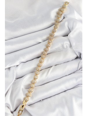 Pirinç Zirkon Taşlı Yarım Topcuk Model Gold Renk Vıp Seri Kadın Bileklik - Lisinya