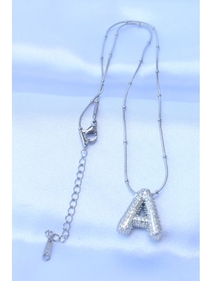 316L Çelik Zincirli Zirkon Taşlı A Harfli Gümüş Renk Bubble Kolye - Lisinya