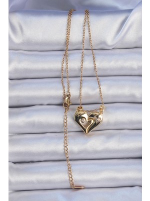 316L Çelik Zincir Altın Renk Zirkon Taşlı Mıknatıslı Kalp Kolye - Lisinya