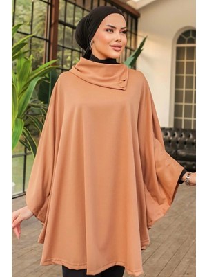 Düğme Detaylı Şık Tasarımlı Bej Şal Yaka Panço ( Lisinya )