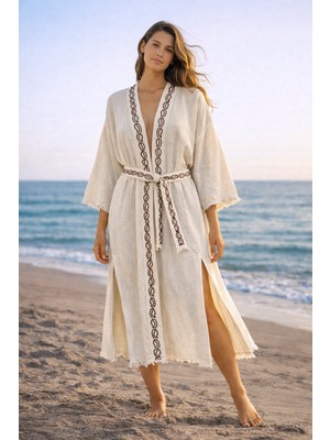 DNRYSL %60 Keten %40 Pamuk El Emeği Süzene Nakışlı Plaj Kaftanı, Nefes Alan ve Hızlı Kuruyan Kumaş